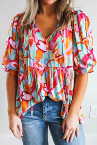 Printed Blouse | Tie Neck Half Sleeve Top