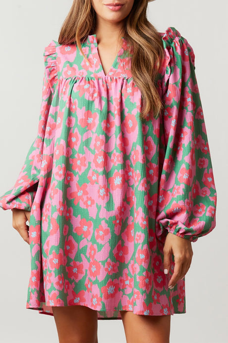 Pink Split V Neck Bubble Sleeve Loose Floral Dress | Dresses/Floral Dresses