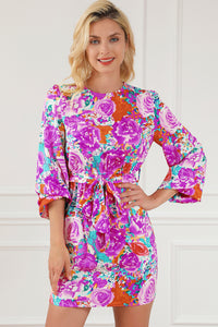 Mini Dress | Purple Floral Keyhole Back Long Sleeve Belted