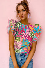 Load image into Gallery viewer, Multicolor Vibrant Floral Print Trimmed Ruffle Sleeve Blouse | Tops/Blouses &amp; Shirts
