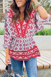 Fiery Red Geometric Print 3/4 Sleeve V-Neck Shirred Waist Flared Blouse | Tops/Blouses & Shirts