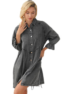 Denim Mini Dress | Gray Buttoned Long Sleeve