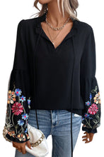 Load image into Gallery viewer, Black Floral Patched Flounce Sleeve Split Neck Blouse | Tops/Blouses &amp; Shirts
