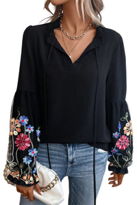 Black Floral Patched Flounce Sleeve Split Neck Blouse | Tops/Blouses & Shirts