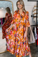 Load image into Gallery viewer, Orange Abstract Print Pleated Half Sleeve Buttoned Maxi Dress | Dresses/Maxi Dresses
