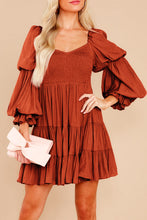 Load image into Gallery viewer, Brown Boho Solid Shirred Ruffle Mini Dress | Dresses/Mini Dresses
