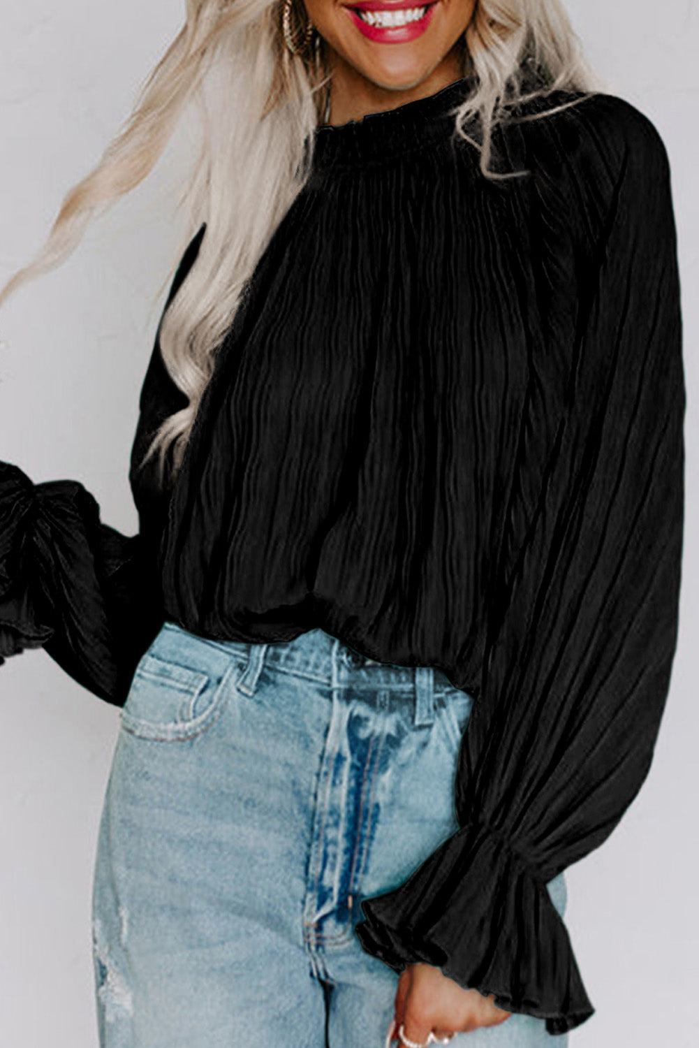 Black Striking Pleated Flared Cuff Long Sleeve Blouse | Tops/Blouses & Shirts