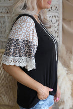 Load image into Gallery viewer, Black Ribbed Leopard Bell Sleeve Top
