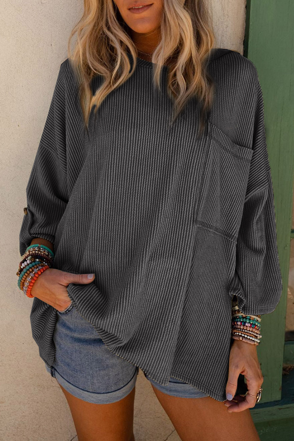 Oversized Top | Dark Gray Ribbed Roll-Tab Sleeve Chest Pocket