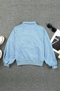 Sky Blue Washed Snap Buttons Lantern Sleeve Pullover Sweatshirt | Tops/Sweatshirts & Hoodies