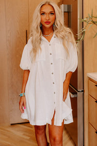 Mini Dress | White Half Puff Sleeve Buttoned Shirt