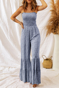 Dusk Blue Thin Straps Smocked Bodice Wide Leg Floral Jumpsuit | Bottoms/Jumpsuits & Rompers