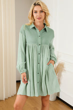 Load image into Gallery viewer, Puff Sleeve Dress | Green Patchwork Crinkle Shirt Dress
