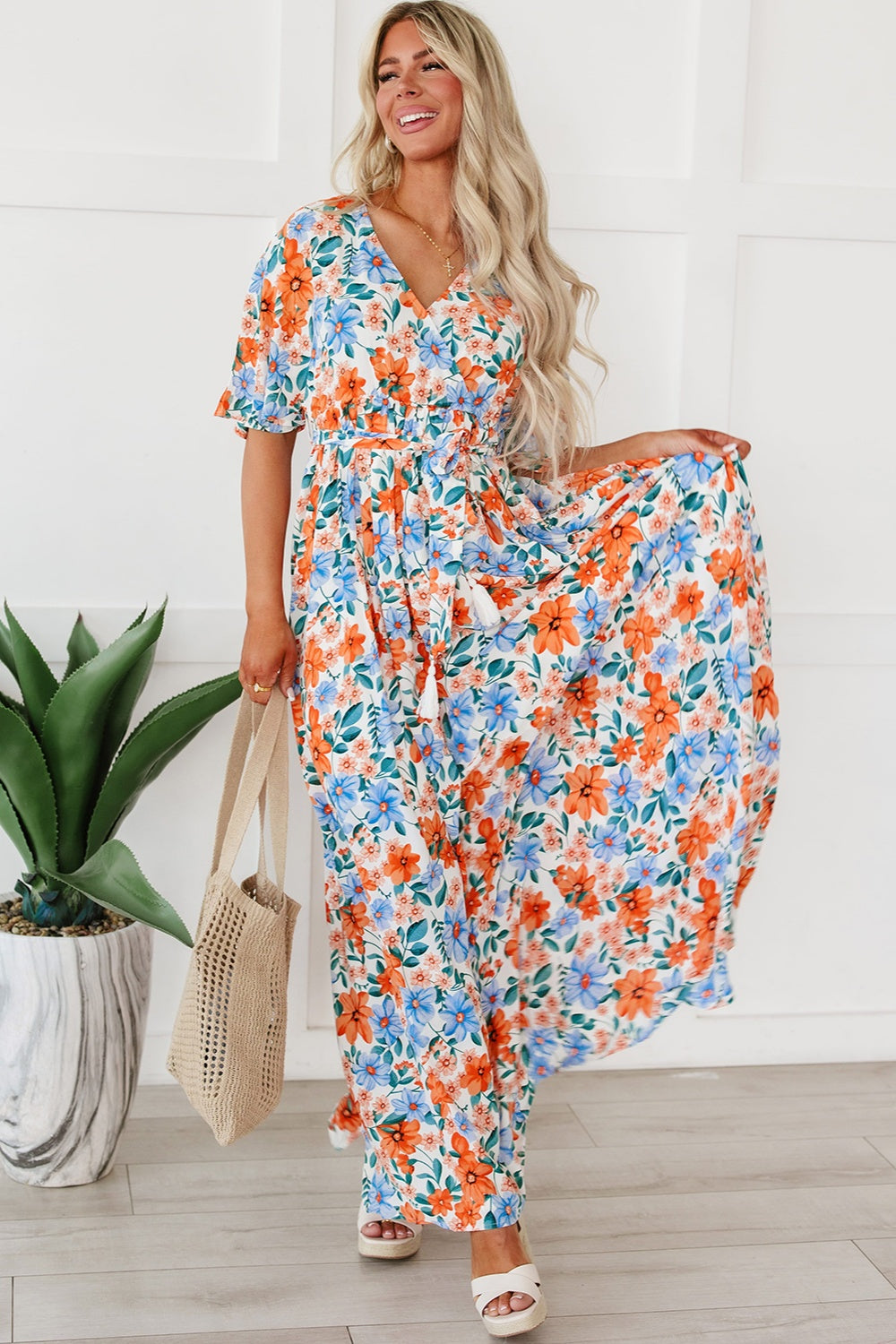 Maxi Dress | Tied Slit Printed Half Sleeve Dress