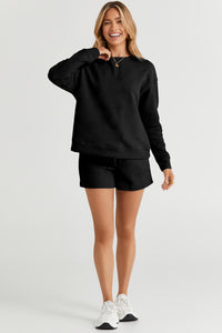 Drawstring Shorts Set | Black Textured Long Sleeve Top Shorts