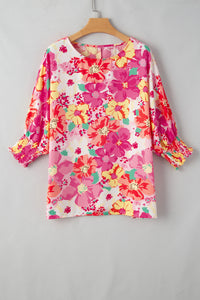 Pink Shirred Cuffs 3/4 Sleeve Floral Blouse | Tops/Blouses & Shirts