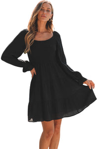 Black Bishop Sleeve Smocked Tiered Mini Dress | Dresses/Mini Dresses