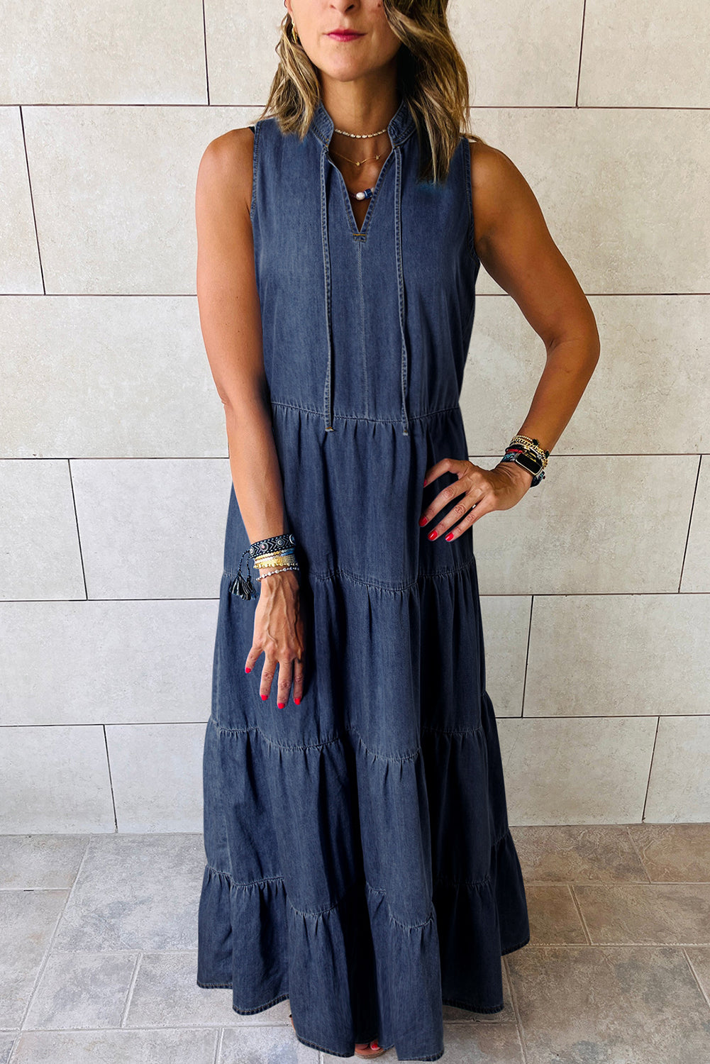Real Teal Sleeveless Tiered Chambray Maxi Dress | Dresses/Maxi Dresses