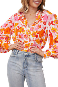 Orange Floral Bishop Sleeve Button Up Shirt | Tops/Blouses & Shirts