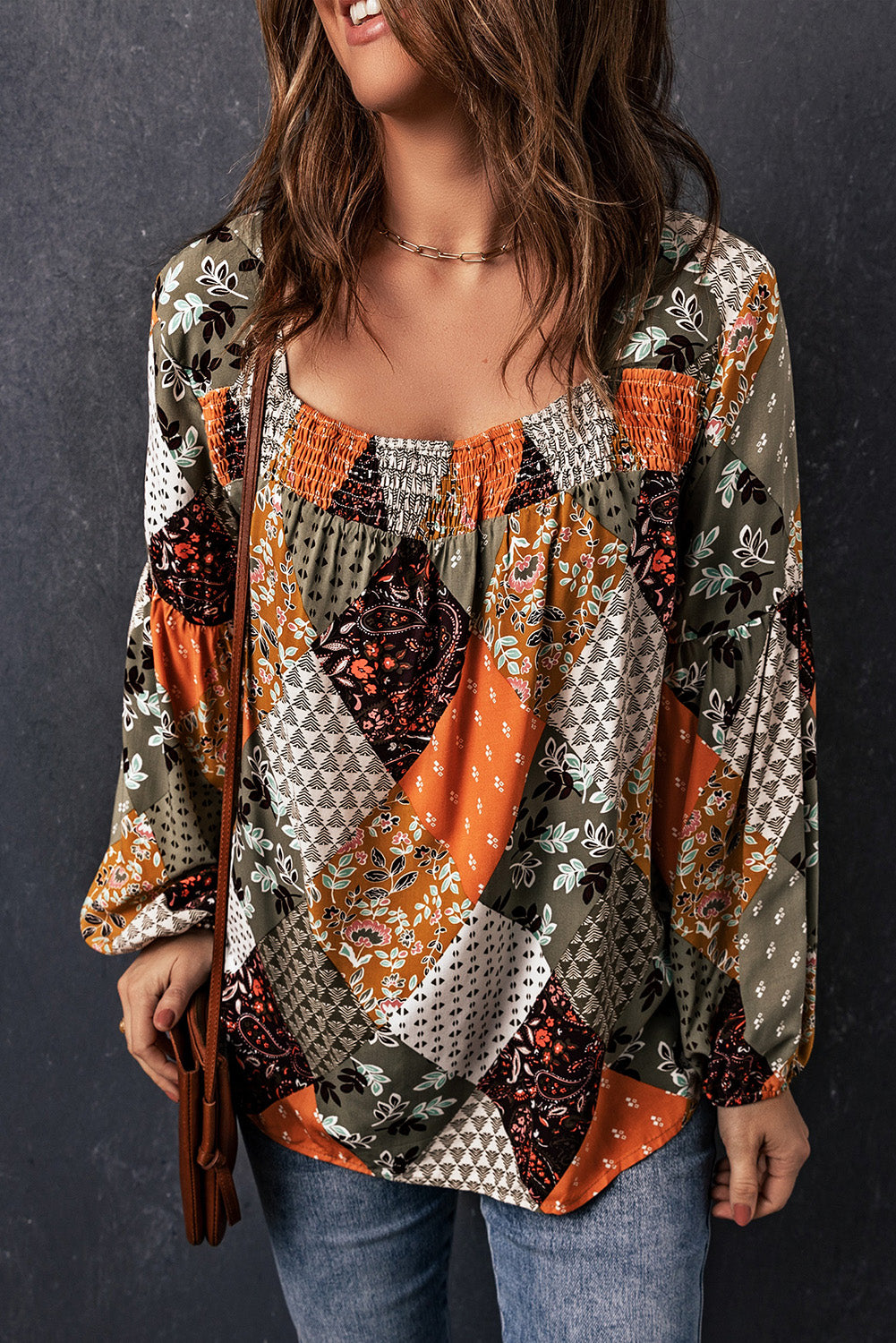 Green Square Neck Mixed Print Blouse | Tops/Blouses & Shirts