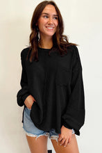 Load image into Gallery viewer, Black Exposed Seam Patchwork Bubble Sleeve Waffle Knit Top | Tops/Long Sleeve Tops
