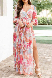 Maxi Dress | Tropical Plant Print Long Sleeve Wrap Dress