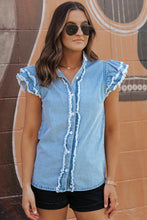 Load image into Gallery viewer, Beau Blue Button Front Ruffled Flutter Frayed Denim Top | Tops/Tops &amp; Tees
