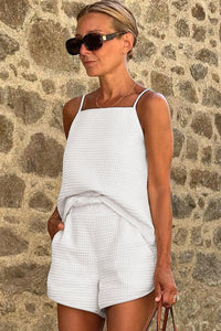 White Waffle Knit Textured Spaghetti Straps Cami and Shorts Set | Two Piece Sets/Short Sets