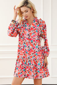 Multicolour Ruffle Split Neck Floral Long Sleeve Dress | Dresses/Floral Dresses