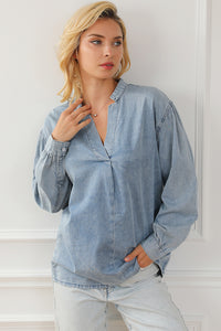 Sky Blue Split V-Neck Balloon Sleeve Ruched Denim Top | Tops/Blouses & Shirts