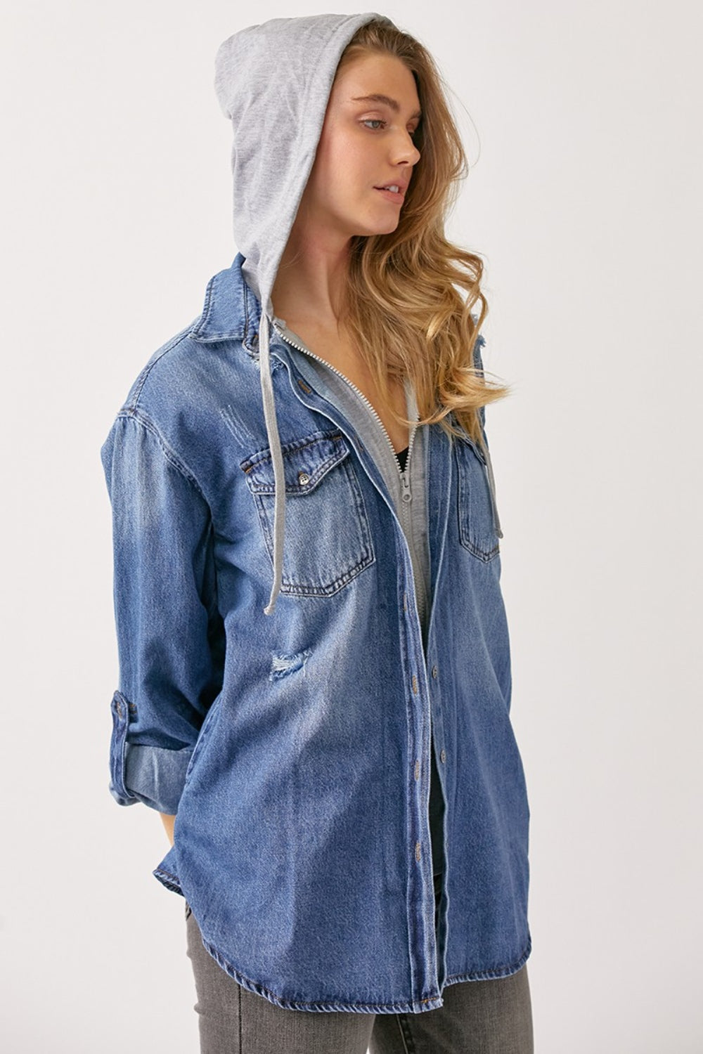 RISEN Zip Up Hooded Denim Shirt | blue jean jacket