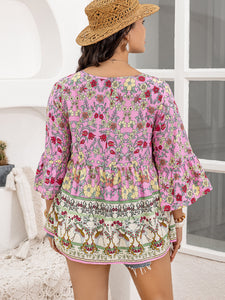 Tie Neck Bohemian Blouse | Plus Size Three-Quarter Sleeve Top