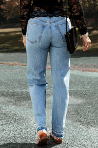Light Blue Distressed Slit Leg Raw Edge Straight Jeans | Bottoms/Jeans