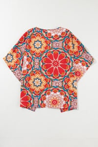 Bat Wing Blouse | Red Floral V Neck Blouse