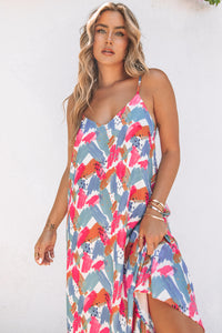 Maxi Dress | Multi-Color Abstract Print Spaghetti Straps