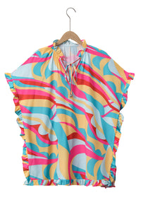 Multicolour Printed Frilled Batwing Sleeve Oversized Blouse | Tops/Blouses & Shirts