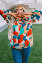 Load image into Gallery viewer, Multicolor Abstract Pattern Crewneck Ruffled Puff Sleeve Blouse | Tops/Blouses &amp; Shirts
