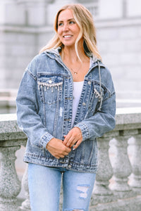 Sky Blue Rhinestone Fringed Hooded Denim Jacket