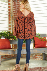 Brown Contrast Leopard Print Bubble Sleeve Blouse | Tops/Blouses & Shirts