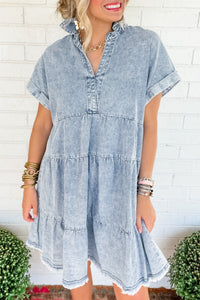 Beau Blue Acid Wash V Neck Tiered Denim Dress | Dresses/Mini Dresses