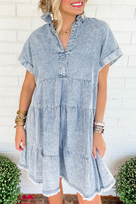 Beau Blue Acid Wash V Neck Tiered Denim Dress | Dresses/Mini Dresses