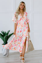 Load image into Gallery viewer, Multicolor Tropical Floral Print Ruched V Neck Maxi Dress | Dresses/Floral Dresses
