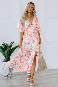 Multicolor Tropical Floral Print Ruched V Neck Maxi Dress | Dresses/Floral Dresses