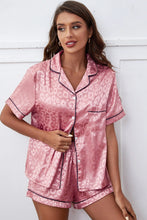 Load image into Gallery viewer, Pink Leopard Contrast Trim Satin 2pcs Short Pajama Set | Loungewear &amp; Sleepwear/Sleepwear
