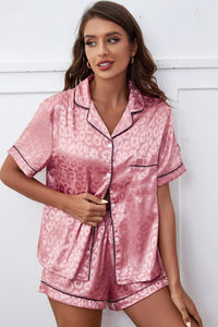 Pink Leopard Contrast Trim Satin 2pcs Short Pajama Set | Loungewear & Sleepwear/Sleepwear