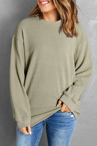 Pullover Sweatshirt | Green Solid Ribbed Knit Round Neck