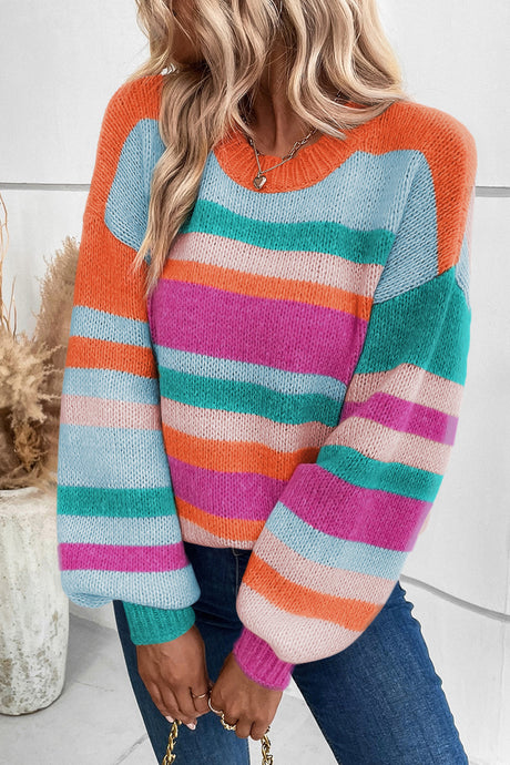 Multicolor Striped Knit Drop Shoulder Puff Sleeve Sweater | Tops/Sweaters & Cardigans