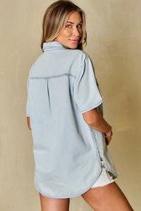 Mist Blue Vintage Light Wash Flap Pockets Rounded Hem Shirt | Tops/Blouses & Shirts