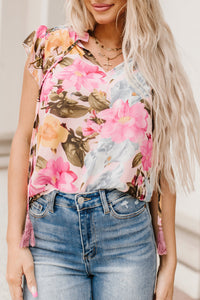 Pink Floral Print Tassel Tie Short Sleeve Blouse | Tops/Blouses & Shirts