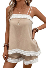 Load image into Gallery viewer, Pale Khaki Fringe Crochet Double Strap Tank Top and Shorts Set | Two Piece Sets/Short Sets
